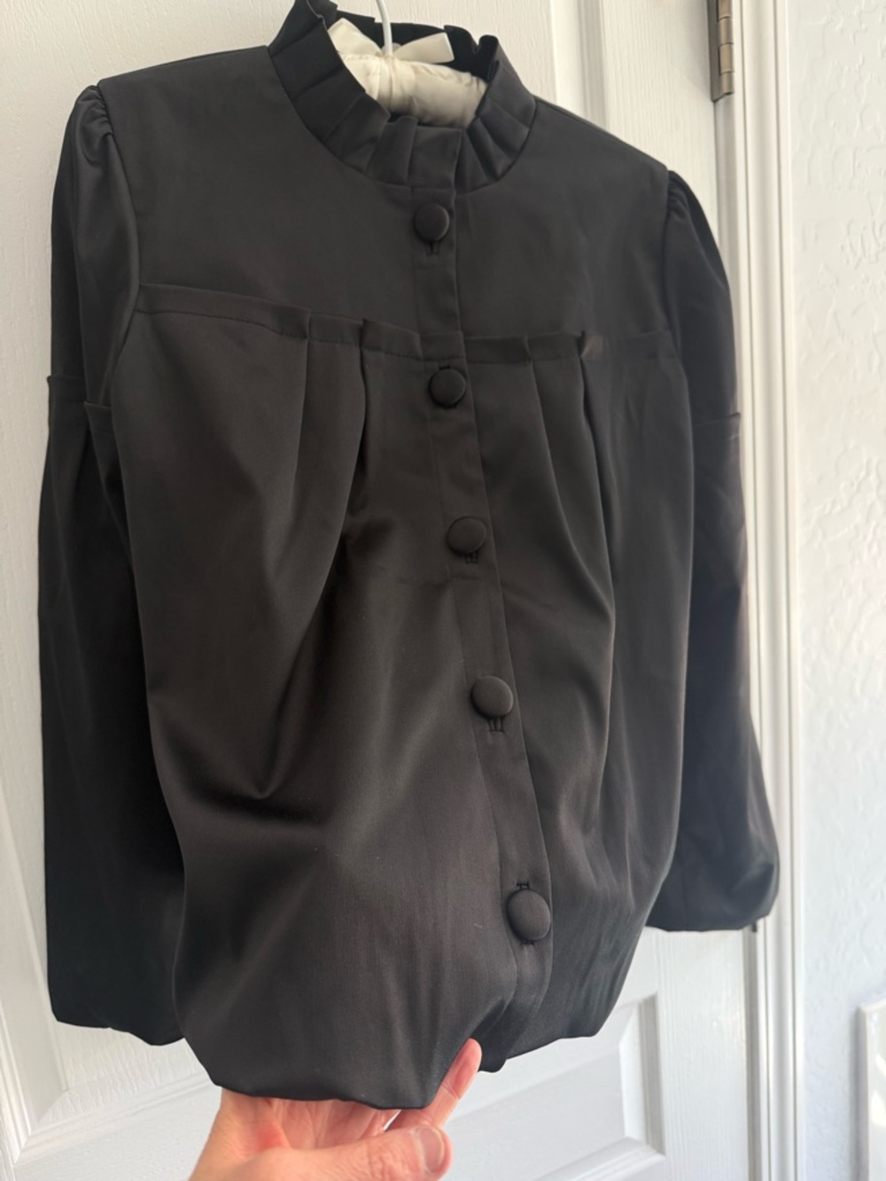 Vintage Y2K Apostrophe Black Satin Evening Jacket Pleated Neckline Bubble Hem S